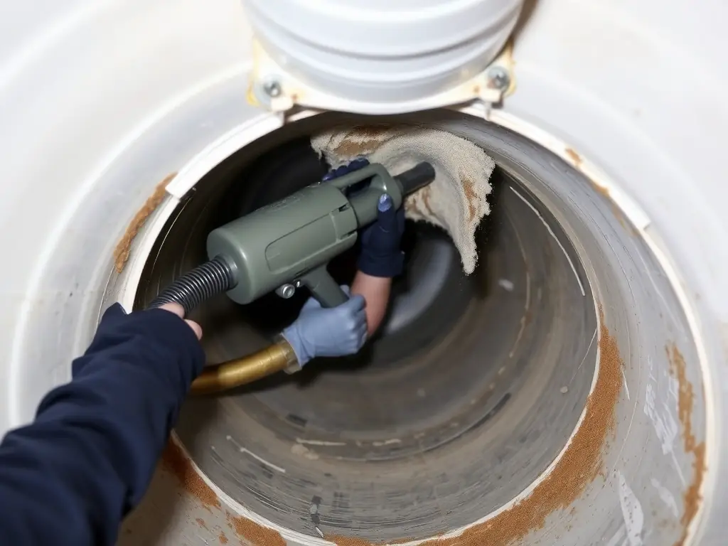 A SouthEco technician is shown using specialized equipment to clean the inside of a duct, removing dust and debris. The image highlights the meticulous process involved in duct cleaning.
