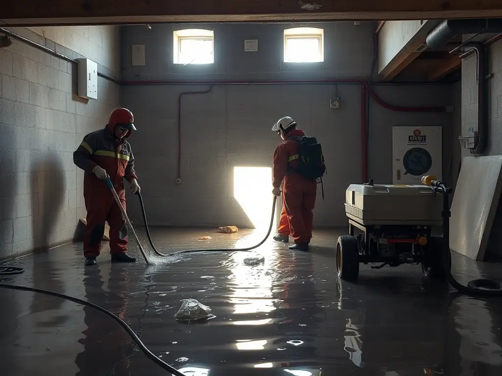 A high-angle shot of a flooded residential basement in Dallas, Texas, with SouthEco technicians using water extraction equipment to remove standing water after a recent storm, emphasizing the emergency response aspect of the service.