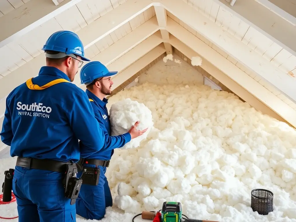 A photograph of SouthEco technicians installing new insulation in an attic, highlighting the company's expertise in improving energy efficiency and air quality. The image should emphasize the cleanliness and professionalism of the installation process.