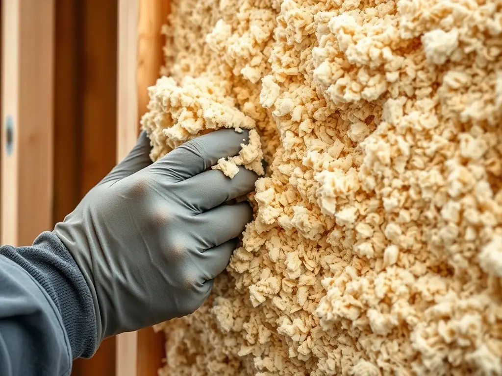 A close-up shot of dense-pack cellulose wall insulation being installed in a residential wall cavity. The image highlights the density and thoroughness of the insulation, emphasizing its ability to fill gaps and prevent air leaks.