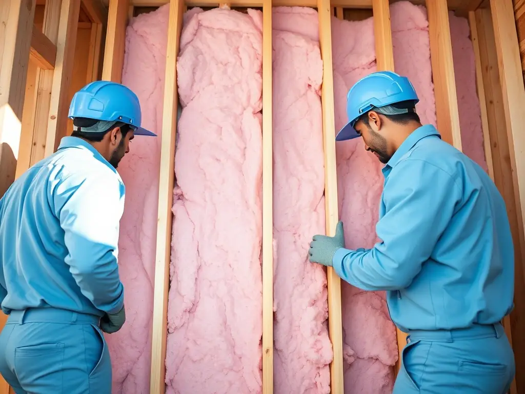 A wide shot of SouthEco professionals installing batt insulation in a new construction home, showcasing the precision and attention to detail involved. The image emphasizes the importance of proper installation for optimal performance.