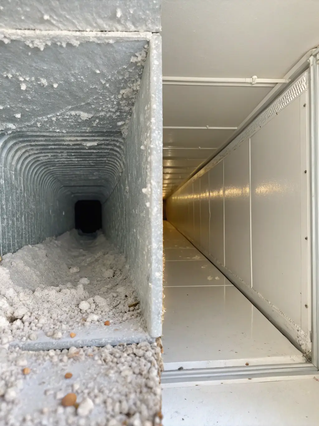 A before-and-after photo showing a dirty, clogged duct system before cleaning and a pristine, clean duct system after SouthEco's duct cleaning service, highlighting improved airflow.