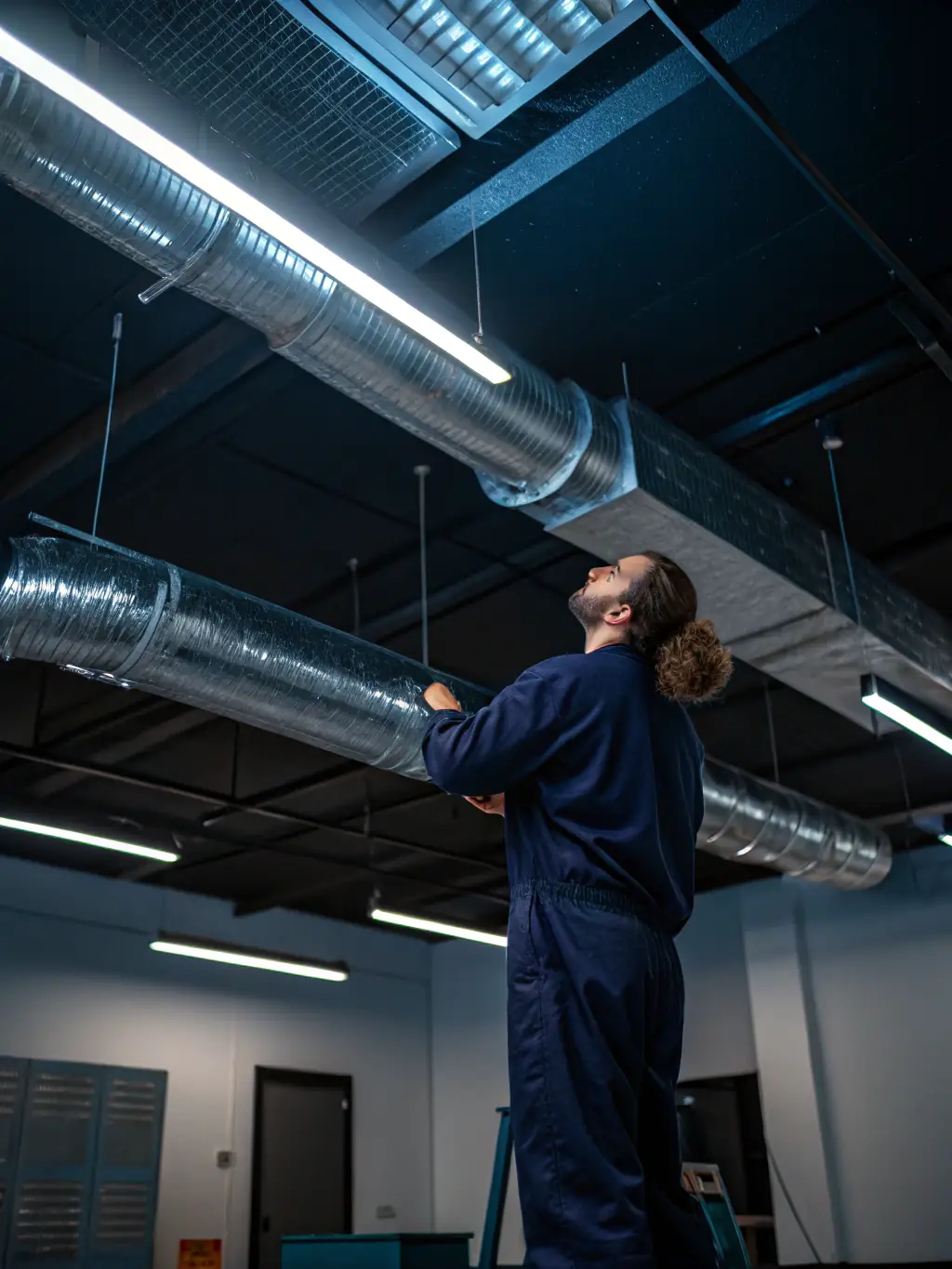 A technician inspecting ductwork for leaks and damage, emphasizing the importance of duct seal testing for HVAC efficiency.