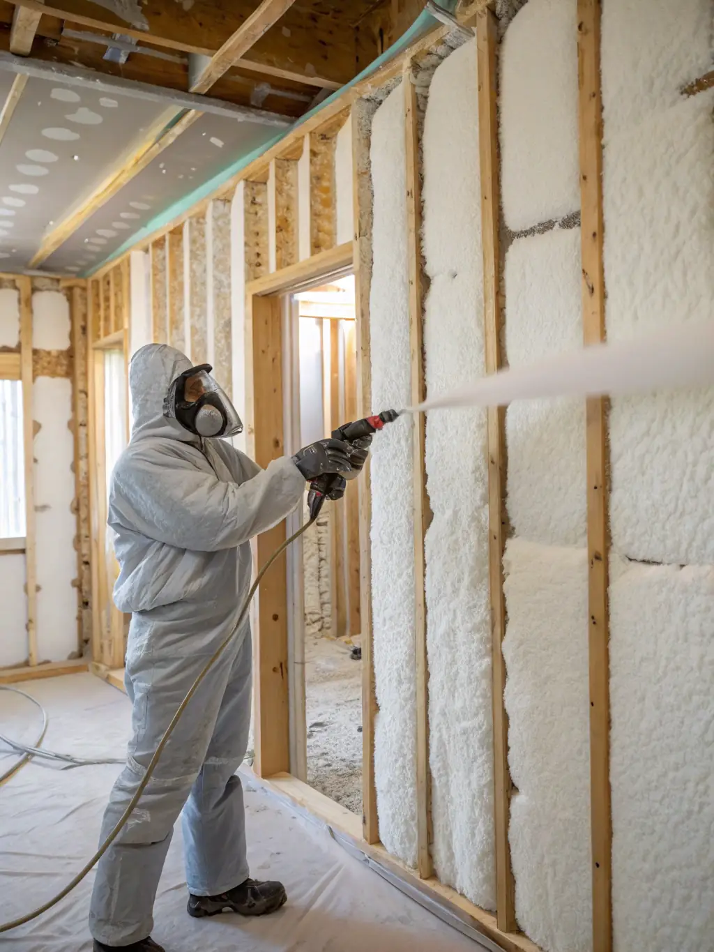 A professional technician blowing insulation into an attic space, showcasing the process of insulation blow-in for energy efficiency.