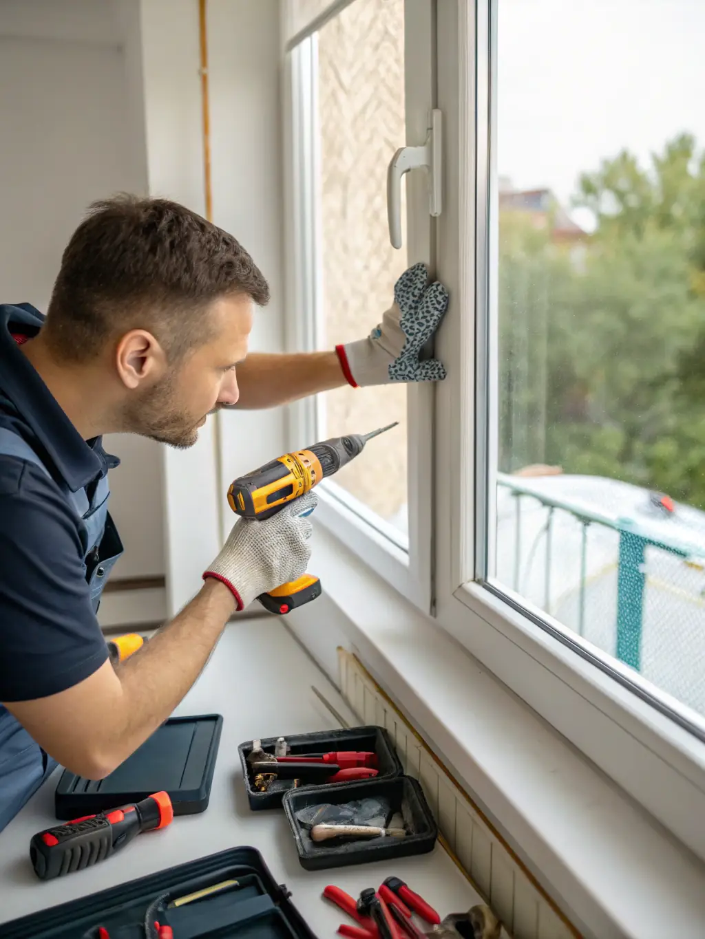 A technician using air sealing techniques around windows and doors, demonstrating SouthEco's commitment to energy performance optimization.