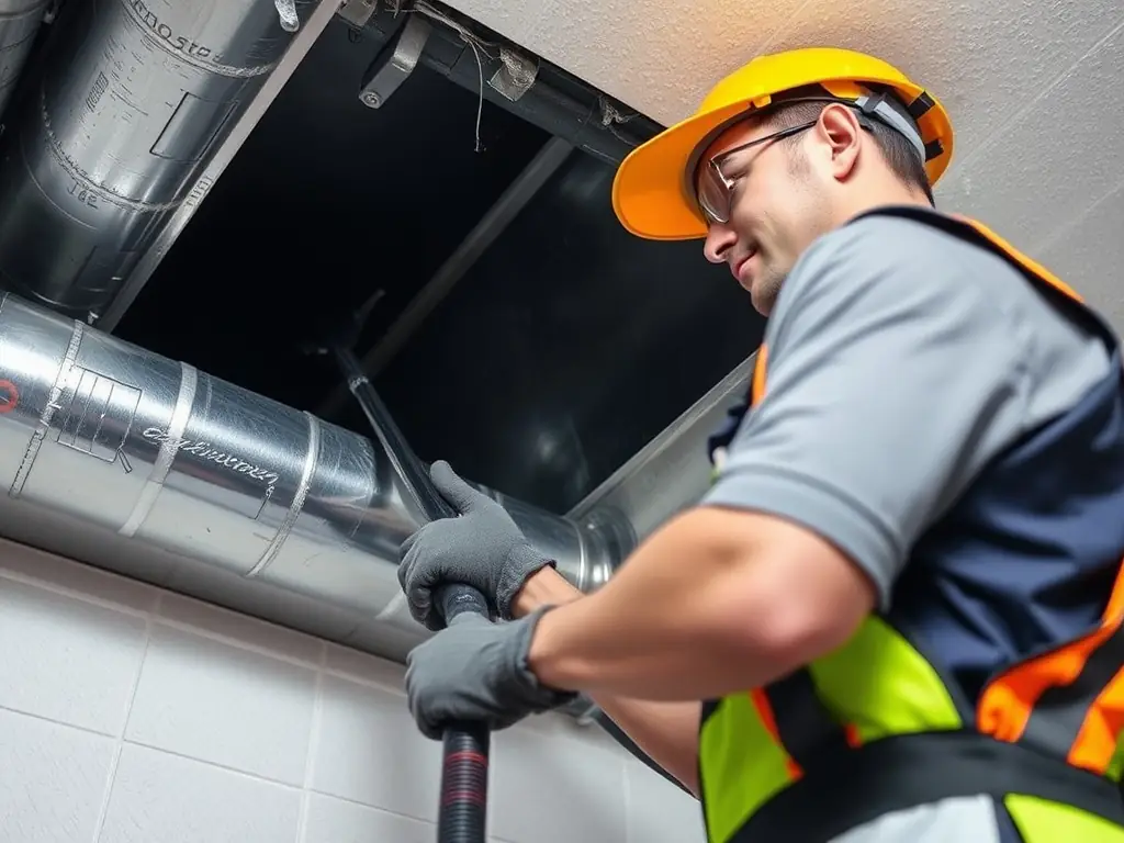 A close-up image of a SouthEco technician cleaning air ducts with specialized equipment, demonstrating the company's commitment to improving indoor air quality. The image should convey the thoroughness and effectiveness of the cleaning process.