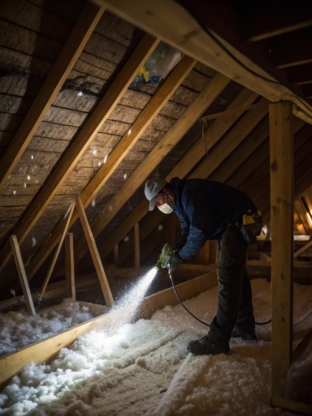 A high-quality photo of newly installed, eco-friendly blow-in insulation in an attic, showcasing its fluffy texture and complete coverage, emphasizing energy savings.