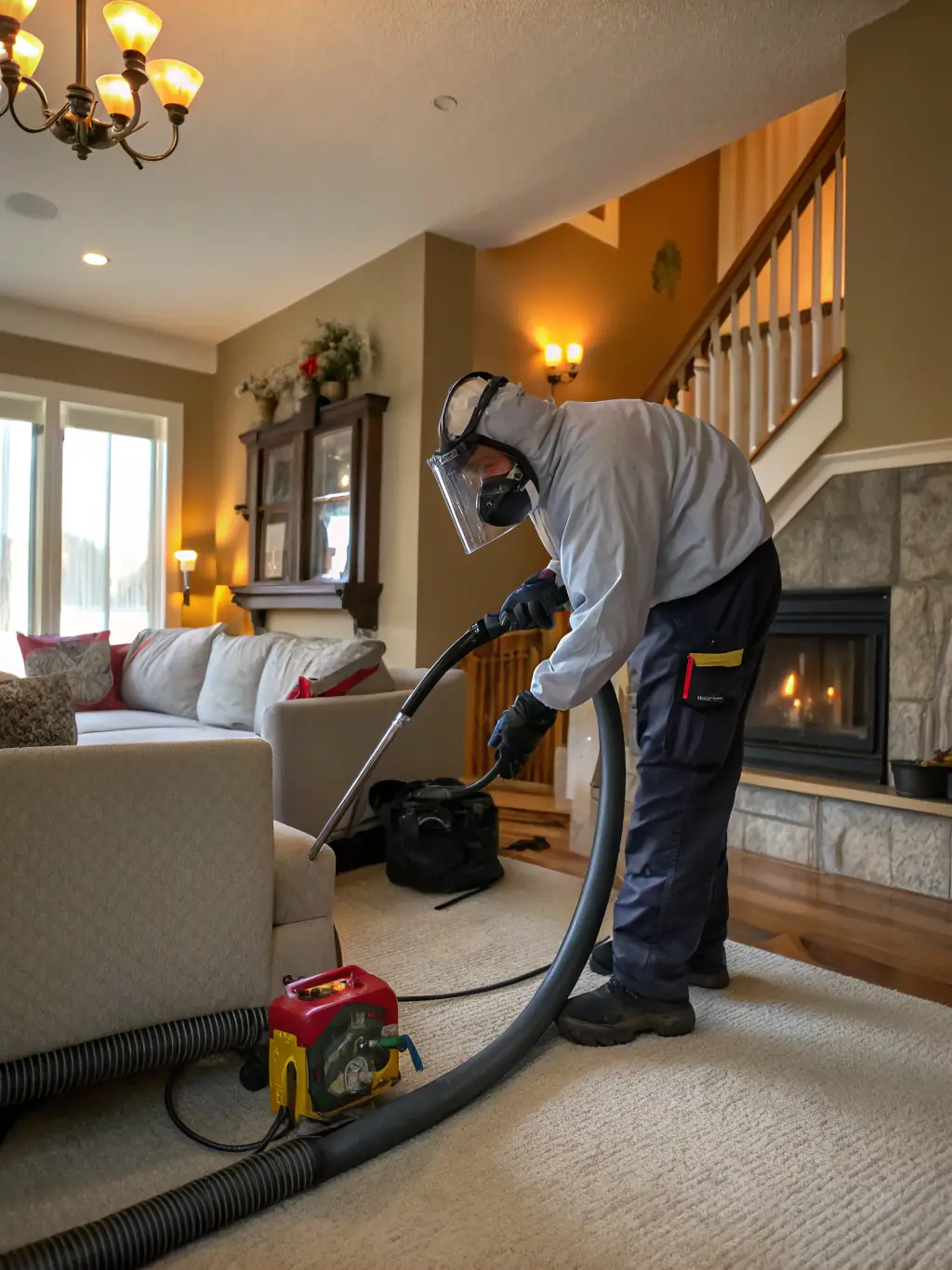 A photo of air scrubbing equipment with HEPA filtration removing contaminants from the air in a home, emphasizing clean air and a healthy environment.