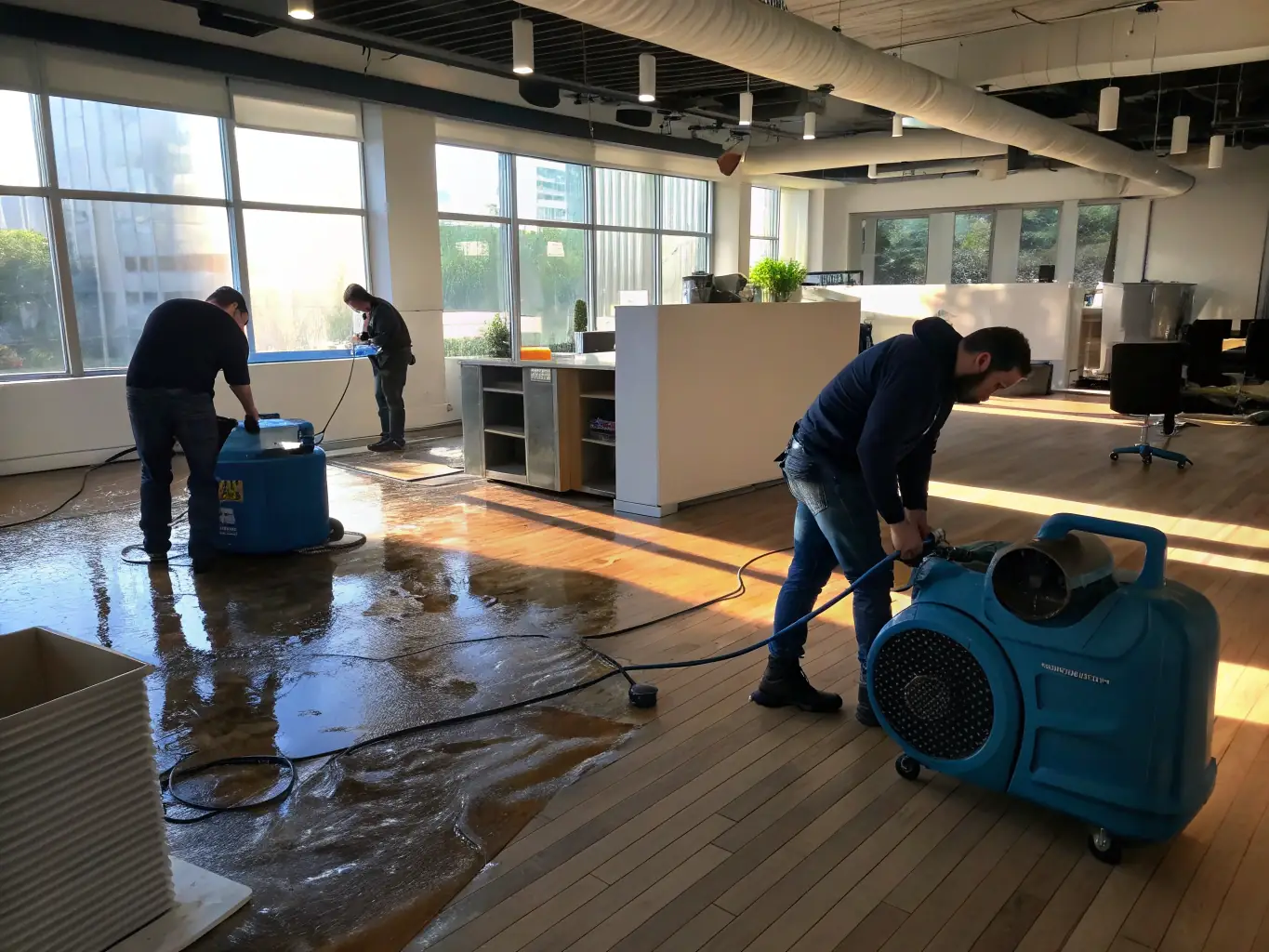 A team using industrial drying equipment in a flooded basement, illustrating water restoration efforts, emphasizing the company's rapid response and comprehensive restoration capabilities.