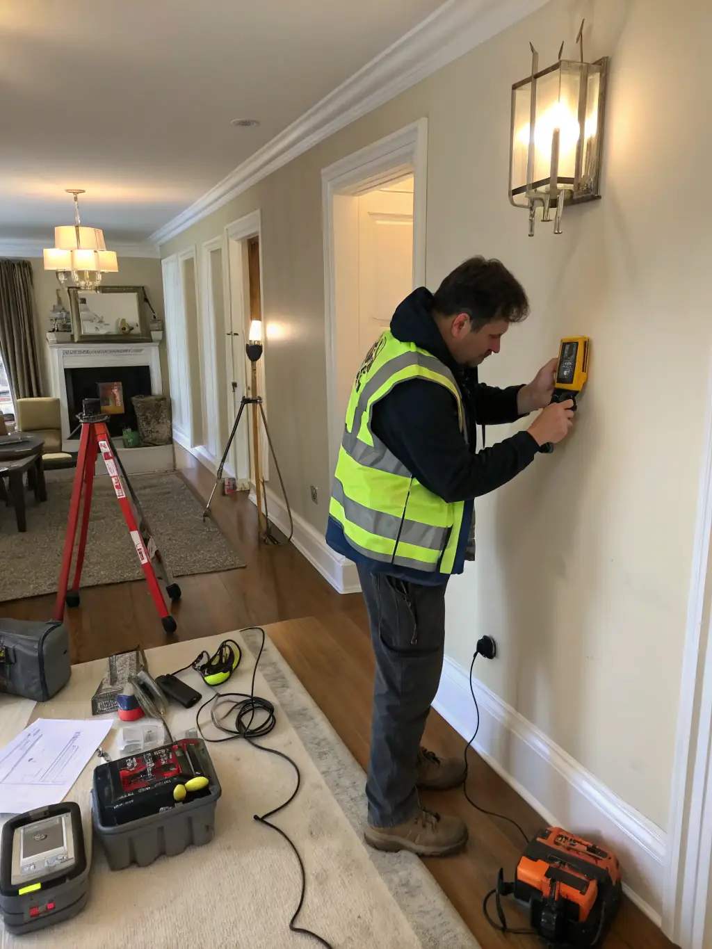 A SouthEco specialist conducting a mold inspection in a home, using professional equipment to identify and assess mold growth.