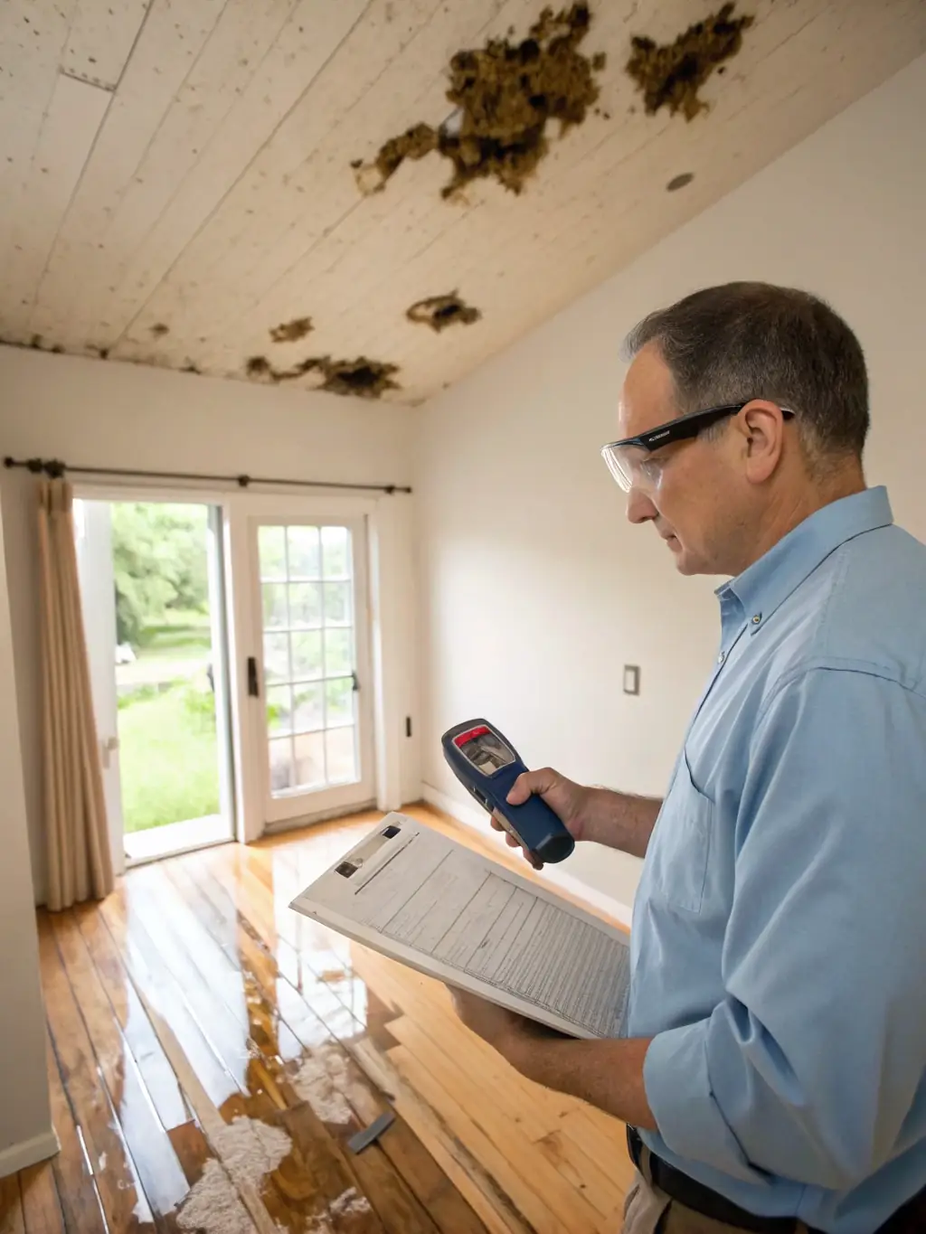 A photo of a SouthEco team member using advanced moisture detection equipment in a home affected by water damage, highlighting their expertise in preventing mold growth and structural damage.