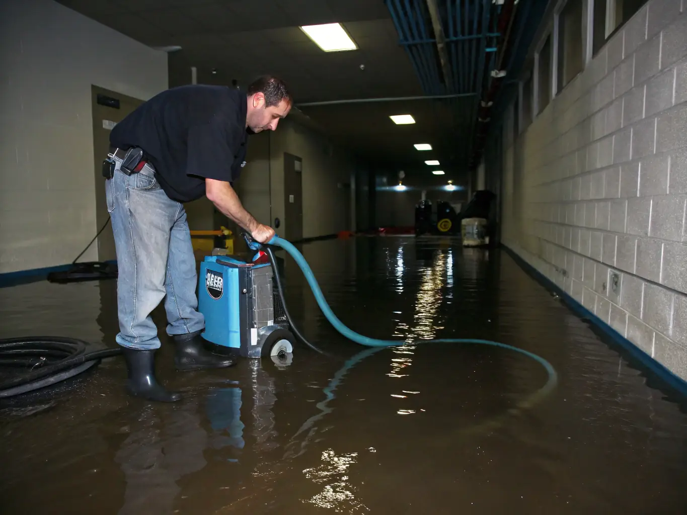 A high-resolution image depicting a SouthEco technician performing water extraction in a flooded Houston home, showcasing the company's rapid emergency response capabilities. The image should convey professionalism and efficiency.