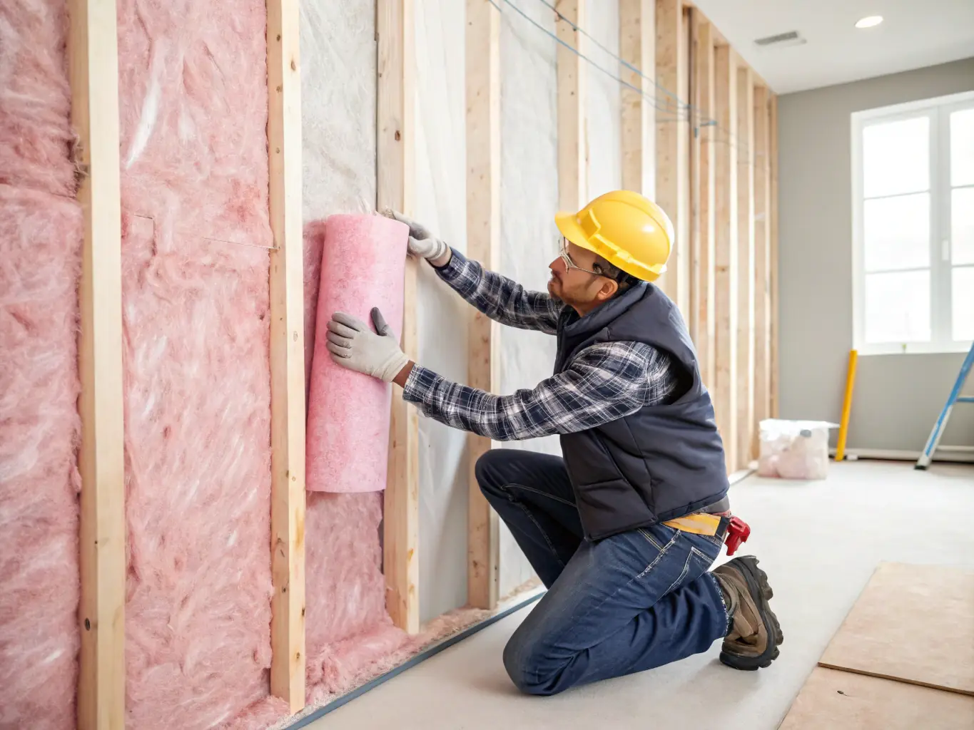 A professional technician installing eco-friendly insulation in an attic space, showcasing clean and efficient work, emphasizing the company's commitment to sustainable practices.