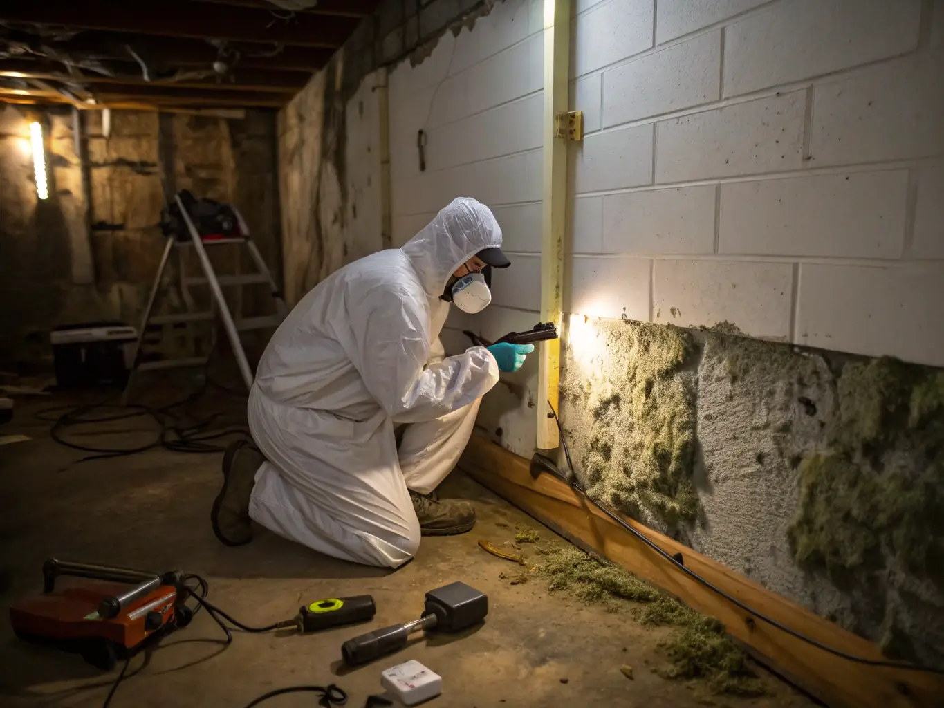 A SouthEco technician conducting a mold inspection in an attic, using specialized equipment to detect moisture and mold growth. The image should convey the thoroughness and expertise of the inspection process.