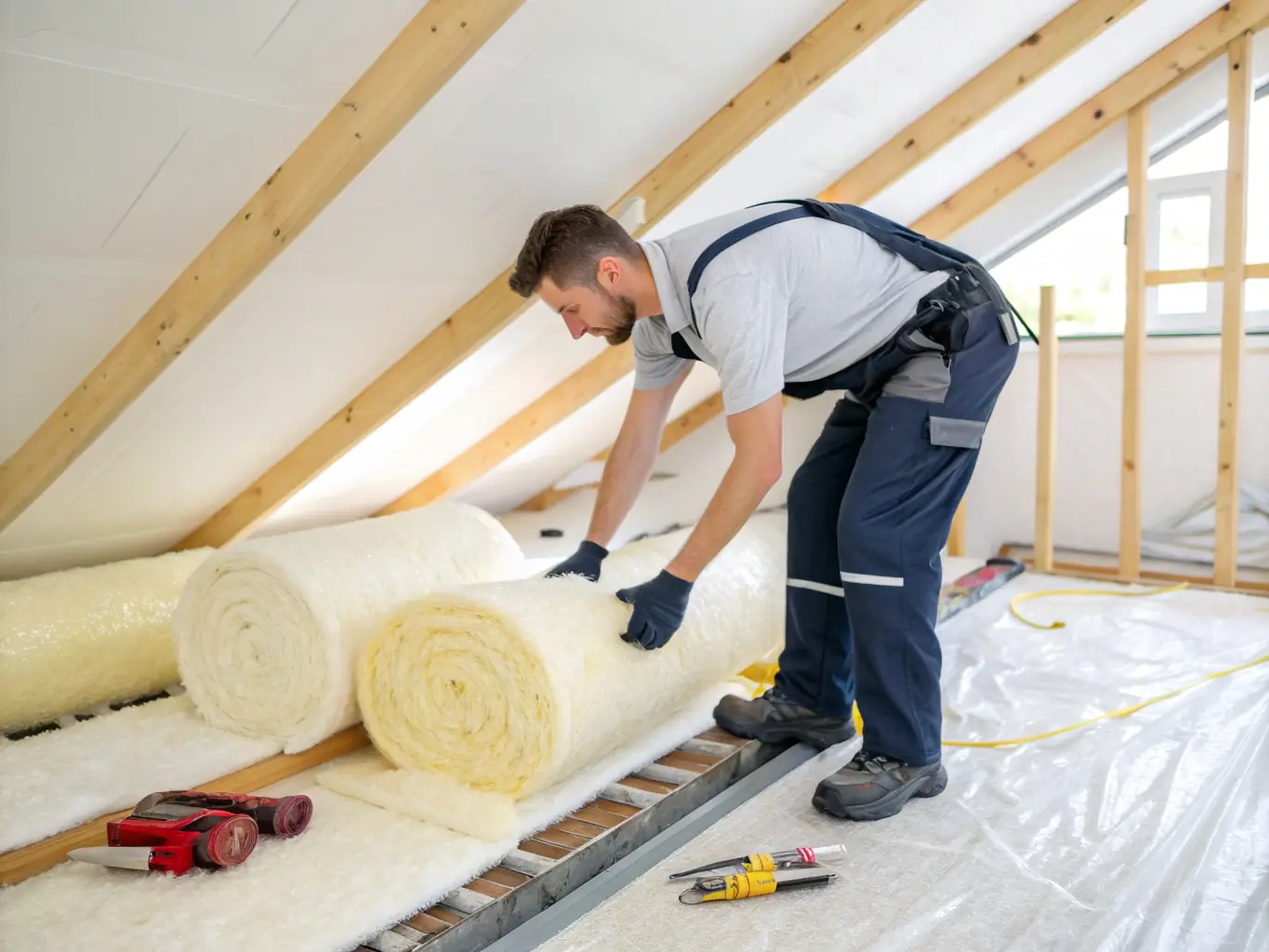 A professional SouthEco technician installing blown-in cellulose insulation in an attic, ensuring even coverage and optimal thermal performance. The image should convey expertise and attention to detail.