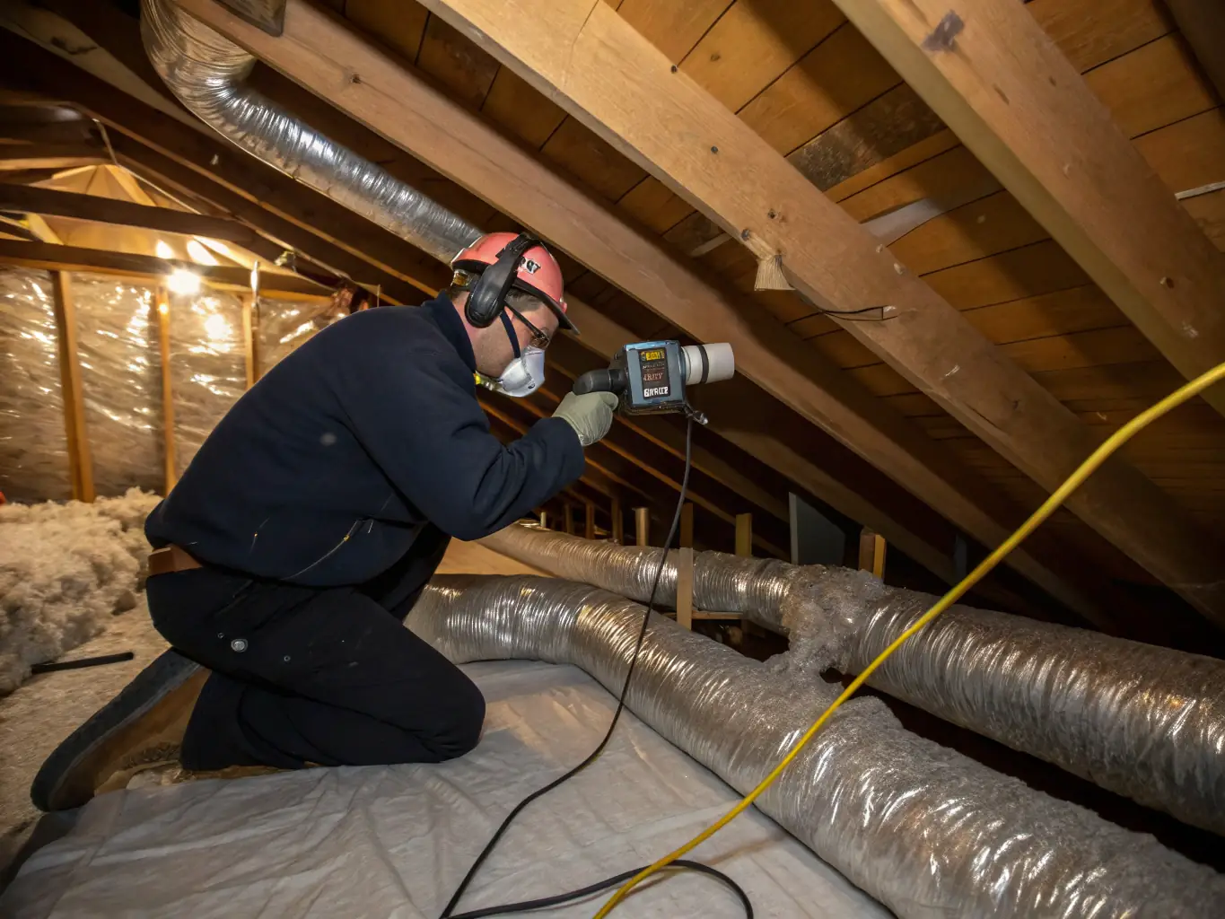 A SouthEco technician is performing a duct seal test using specialized equipment to identify leaks in the ductwork. The image emphasizes the precision and technology used in the testing process.