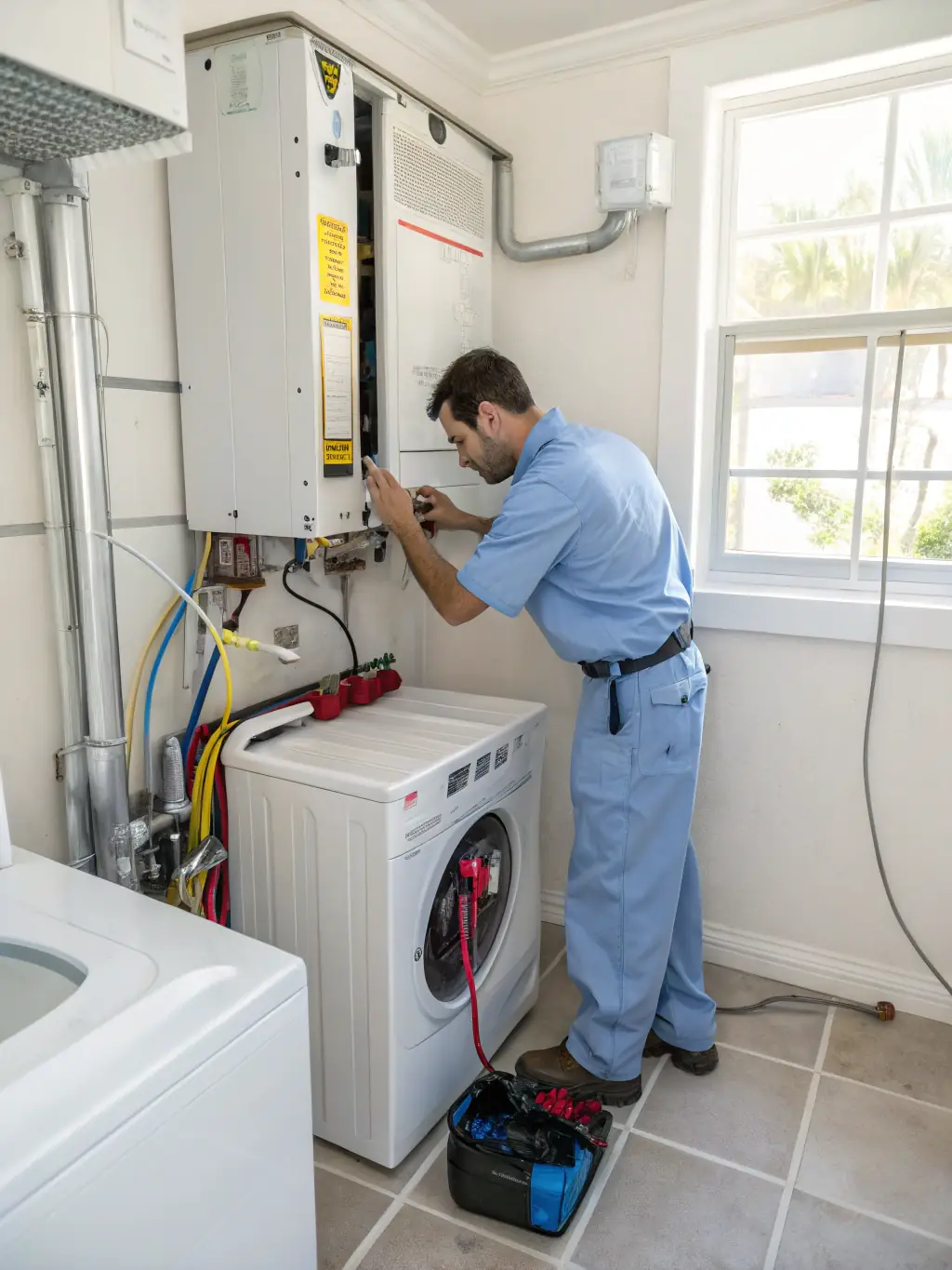 A SouthEco technician inspecting a dryer vent for lint buildup, highlighting the importance of dryer vent cleaning for fire safety and energy efficiency.