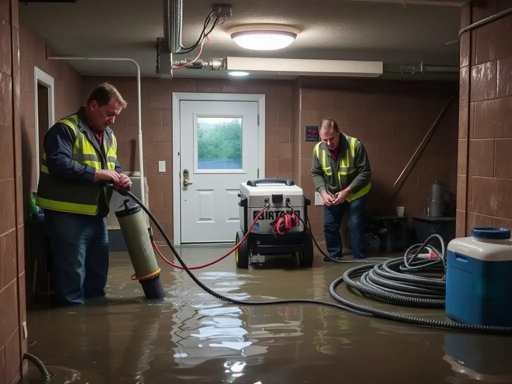 A high-resolution image depicting water extraction in a flooded basement, showcasing SouthEco's team using professional equipment to remove water and prevent further damage.