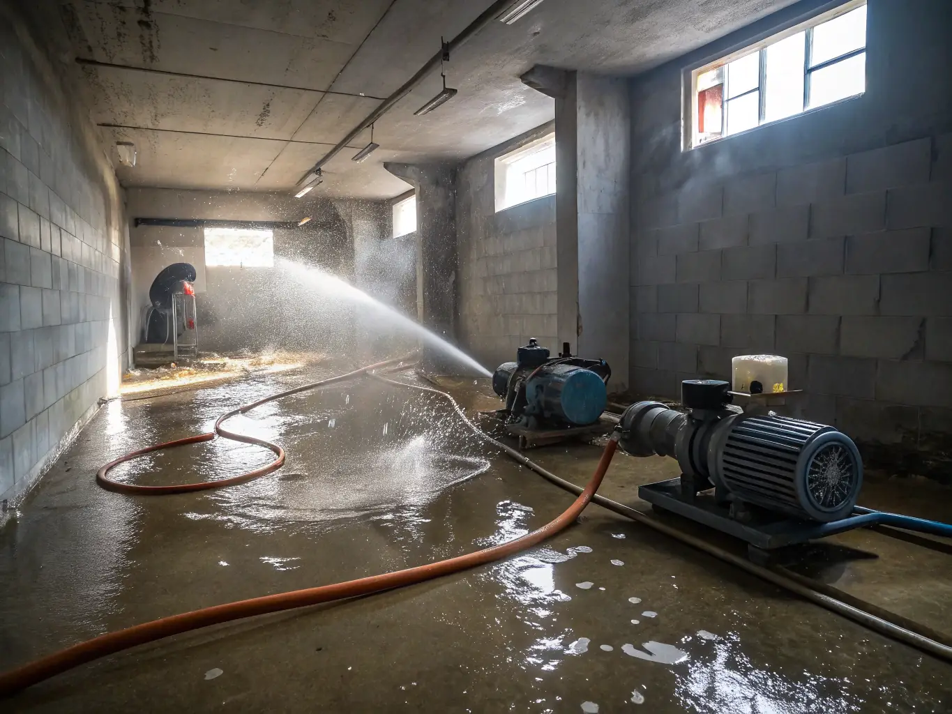 A flooded basement with SouthEco's team extracting water and setting up drying equipment, showcasing their rapid response and professional equipment.