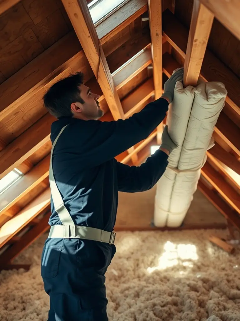 A high-resolution image depicting insulation being blown into an attic space, showcasing the process and the resulting coverage. The scene should convey energy efficiency and home comfort.
