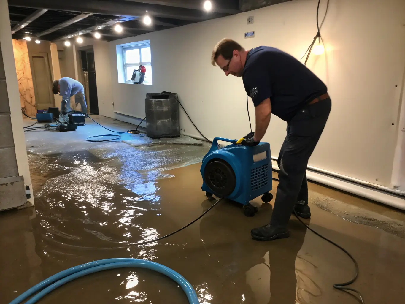 A professional SouthEco technician using advanced equipment to perform water extraction in a flooded basement, emphasizing the rapid response and thoroughness of the service.