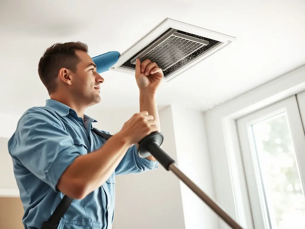A technician using HEPA air scrubbers in a residential duct system, demonstrating air purification efforts, highlighting the company's focus on improving indoor air quality.