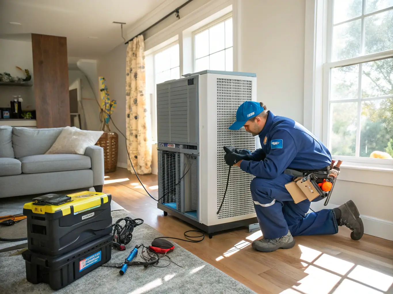 A detailed image showing a technician using a dehumidifier to control humidity levels in a home, emphasizing the importance of humidity control in preventing mold and improving air quality.