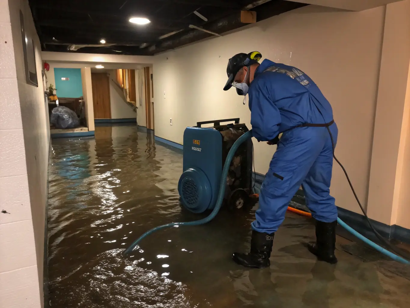 A high-angle shot of a flooded Waco home interior, showcasing SouthEco technicians using water extraction equipment to remove standing water, emphasizing the urgency and effectiveness of their 24/7 emergency response service.