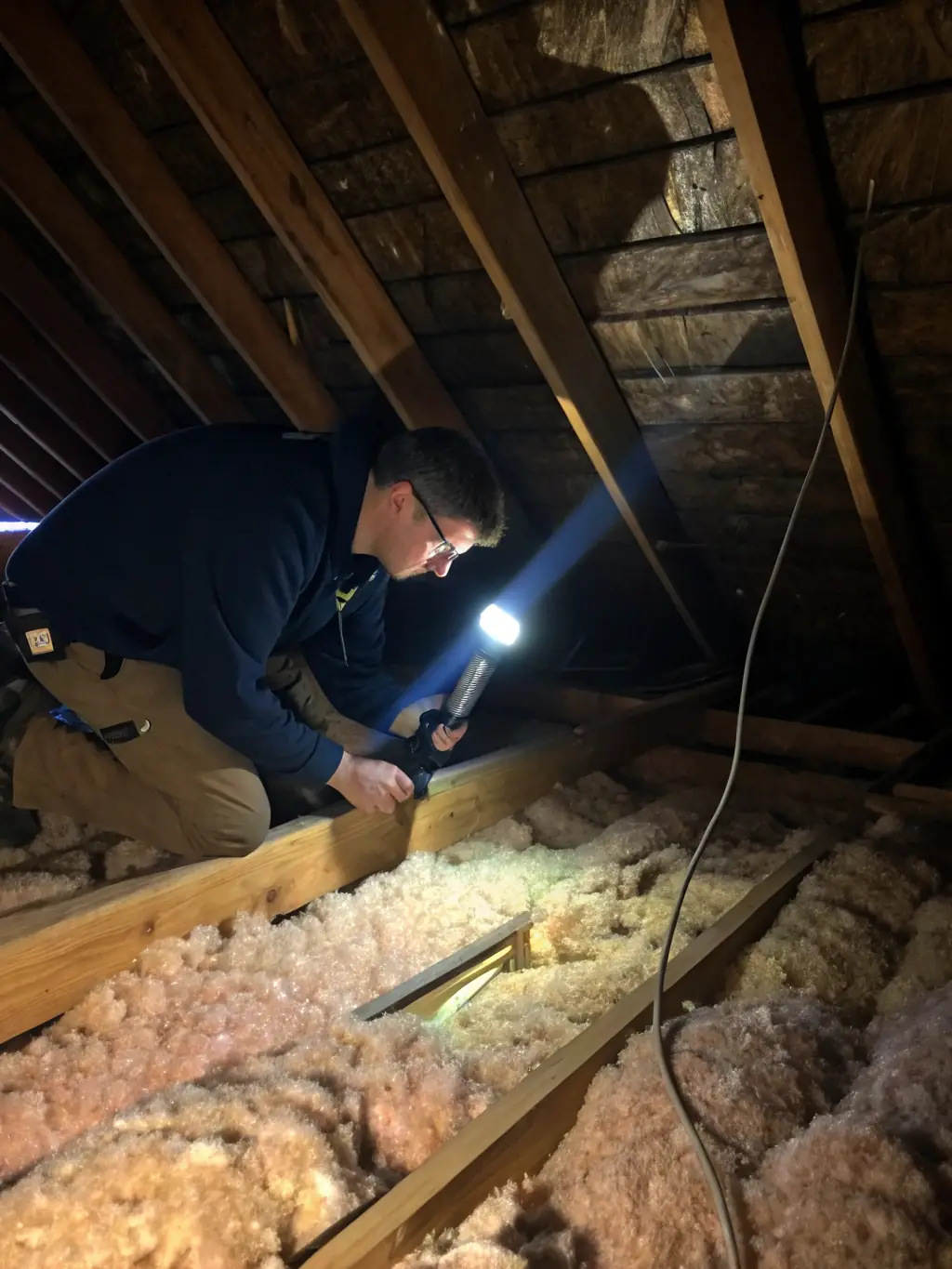 A professional SouthEco technician removing old, damaged insulation from an attic in a San Antonio home, showcasing the initial step in improving energy efficiency.