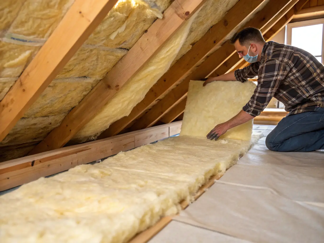 A close-up shot of SouthEco technicians installing blown-in cellulose insulation in a Waco attic, highlighting the eco-friendly materials and energy-saving benefits of their insulation services.